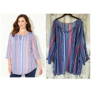 Catherines Tunic Size 5X 34/36W Blue Pink Stripe Ladder Sleeve Peasant Top Flowy
